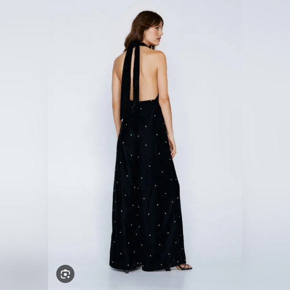 Nasty Gal velvet halterneck Jumpsuit Diamante Wide Leg Size 10 - Picture 3 of 9
